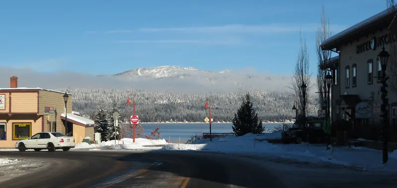 McCall, Idaho lakeside town with snowy mountains
