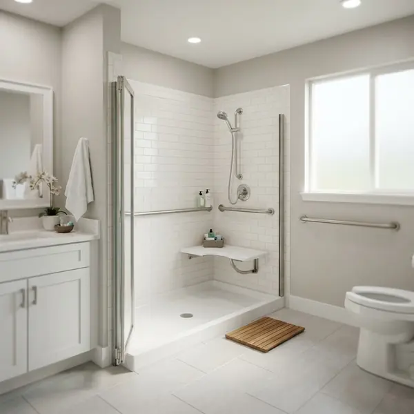 Accessible walk-in shower conversion with grab bar
