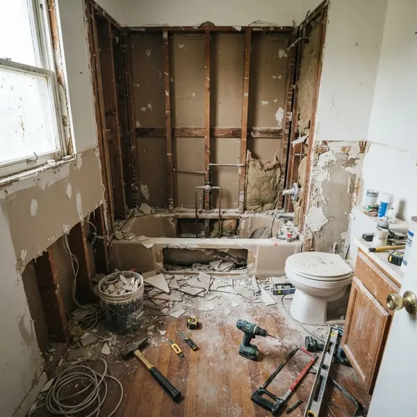 Bathroom torn out during a full tub replacement, exposed studs, plumbing and construction debris